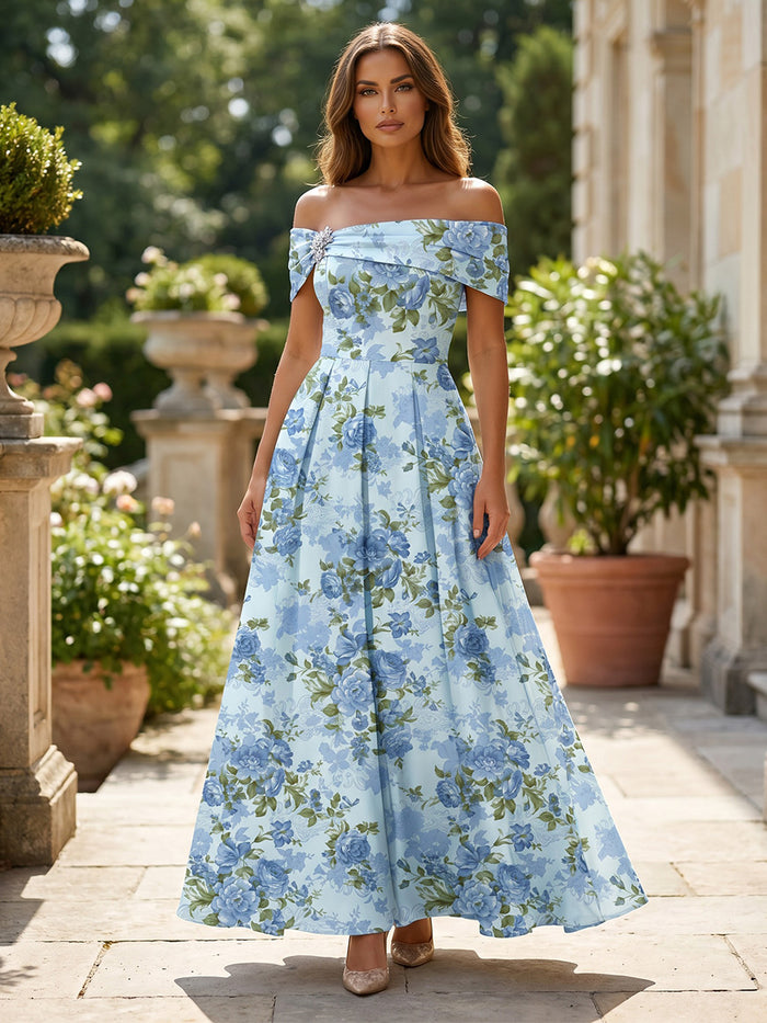 Chiffon A-Line Off Shoulder Formal Dresses with Floral Print