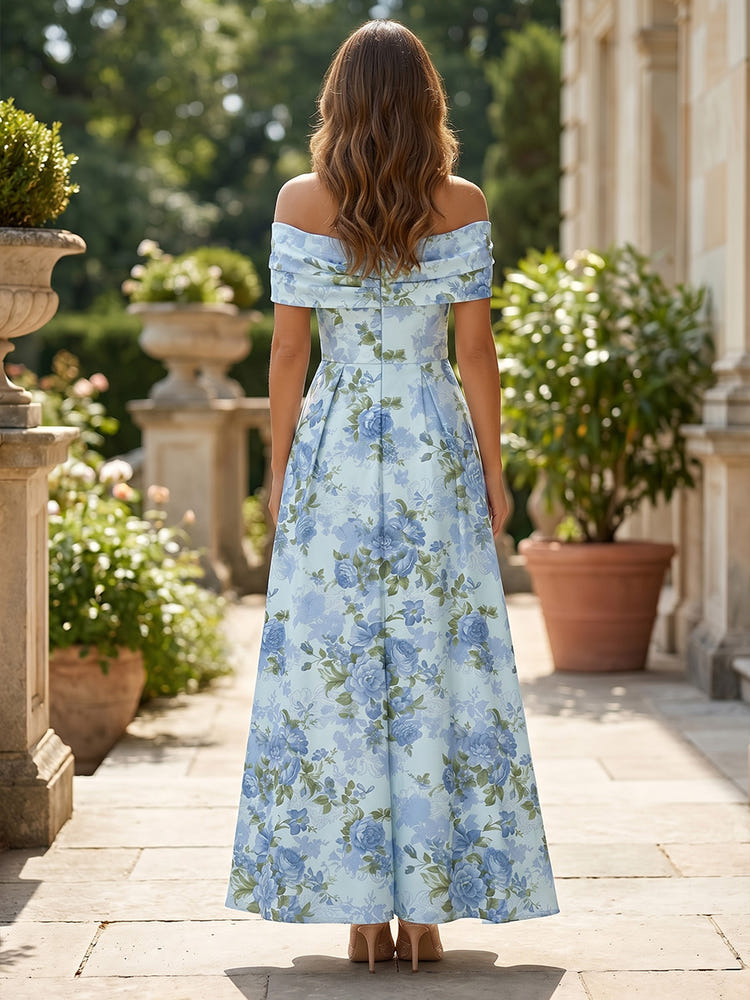 Chiffon A-Line Off Shoulder Formal Dresses with Floral Print
