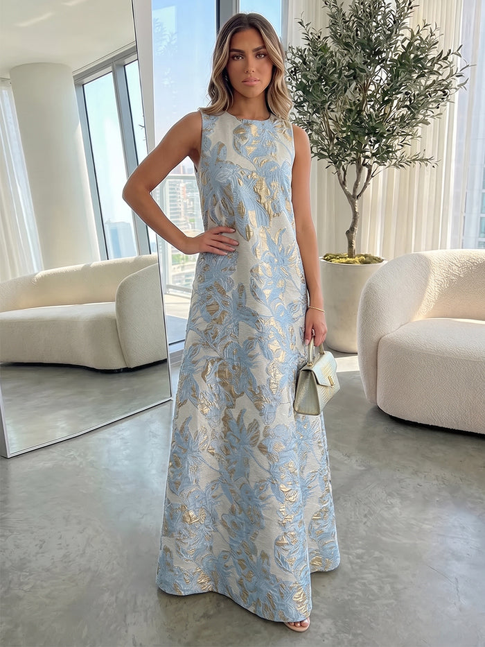 Jacquard A-Line Crew Neck Formal Dresses with Floral