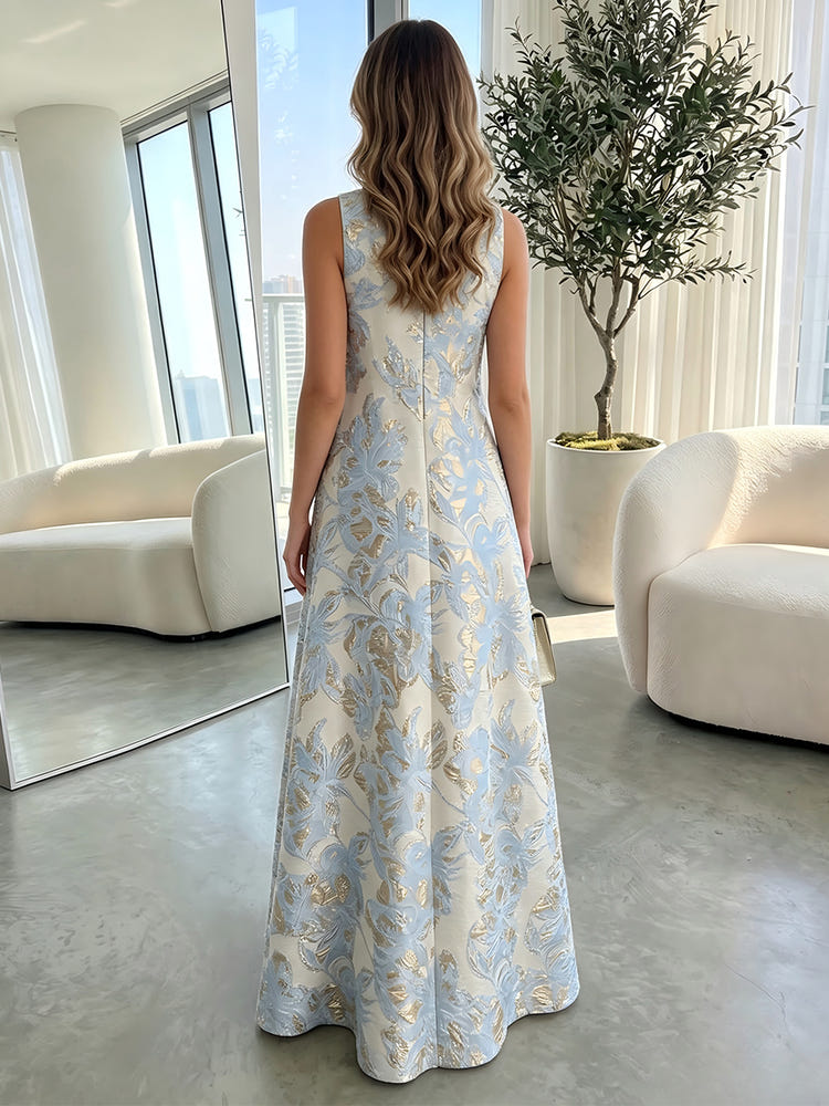 Jacquard A-Line Crew Neck Formal Dresses with Floral