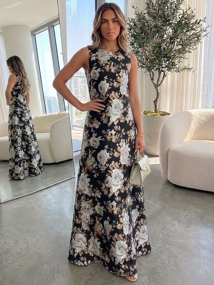 Jacquard A-Line Crew Neck Formal Dresses with Floral