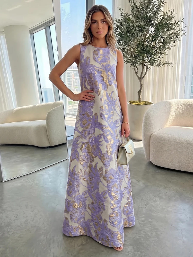 Jacquard A-Line Crew Neck Formal Dresses with Floral