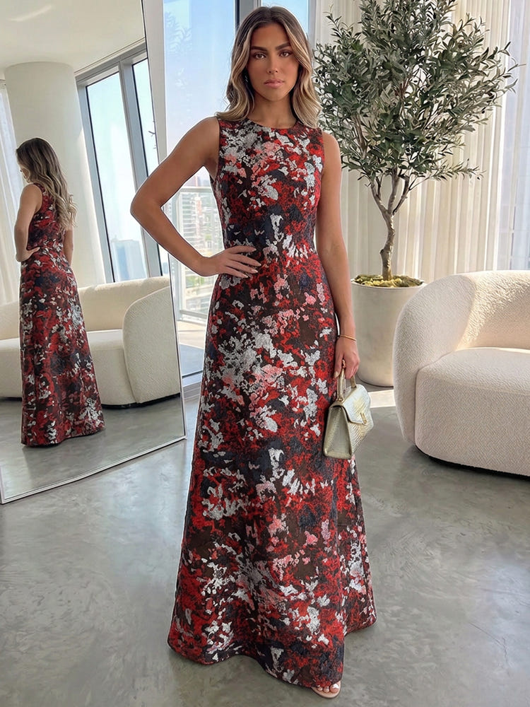 Jacquard A-Line Crew Neck Formal Dresses with Floral