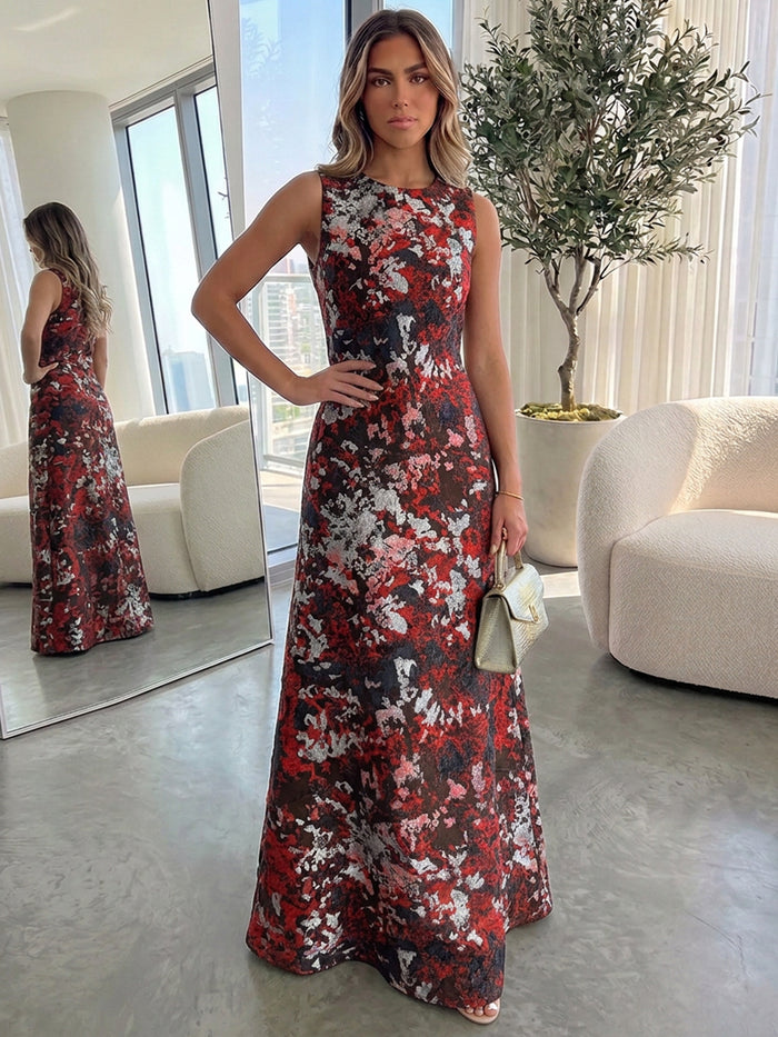 Jacquard A-Line Crew Neck Formal Dresses with Floral