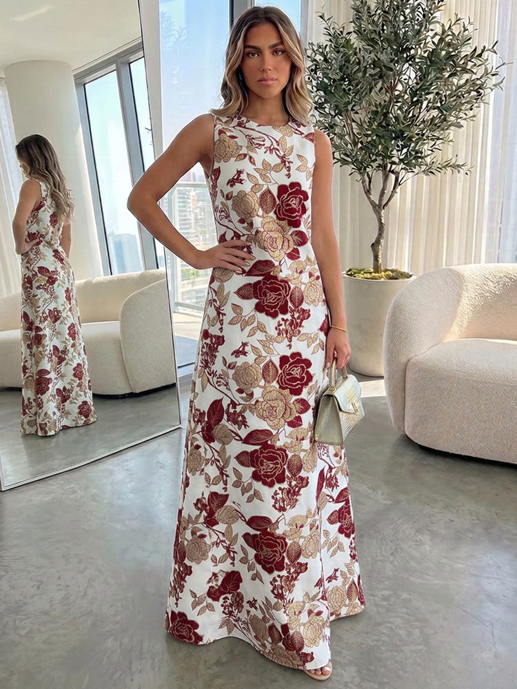 Jacquard A-Line Crew Neck Formal Dresses with Floral