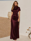 Satin Sheath High Neck Formal Dresses with Side Waist Ruched Shaping Detail