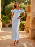 Tulle Sheath Off Shoulder Formal Dresses with Allover Diamond Grid Beaded Rhinestone Design