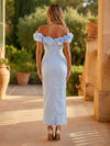 Tulle Sheath Off Shoulder Formal Dresses with Allover Diamond Grid Beaded Rhinestone Design