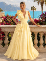 Chiffon A-Line V Neck Formal Dresses with Gathered Waist Sash