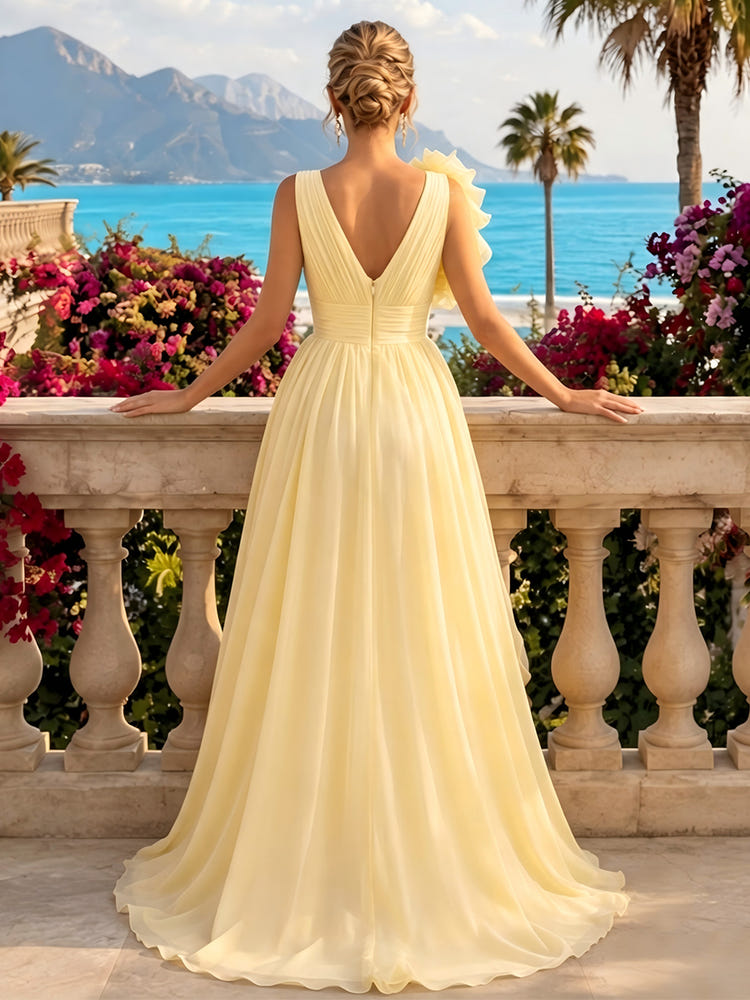 Chiffon A-Line V Neck Formal Dresses with Gathered Waist Sash