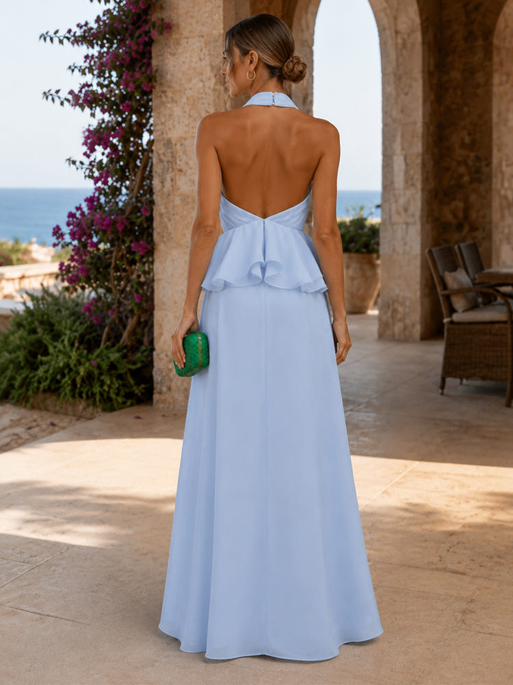 Chiffon A-Line Halter Formal Dresses with Deep V Neck