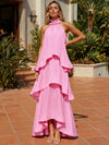Satin A-Line Halter Formal Dresses with Ruffles