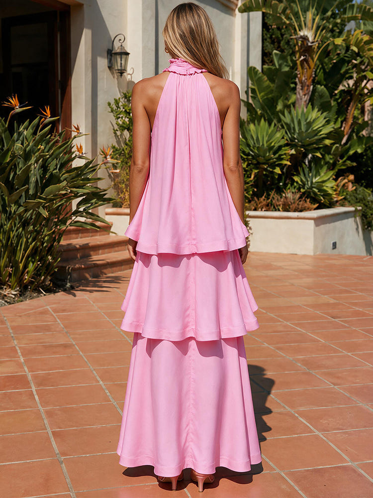 Satin A-Line Halter Formal Dresses with Ruffles