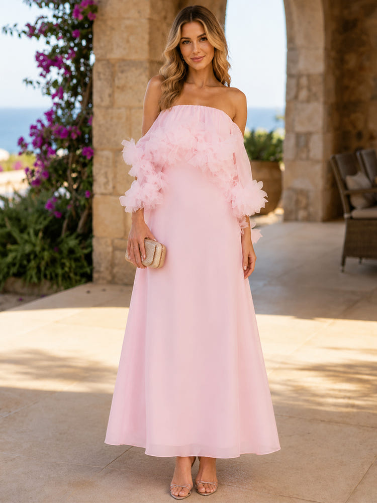 Chiffon A-Line Strapless Formal Dresses with 3D Flowers