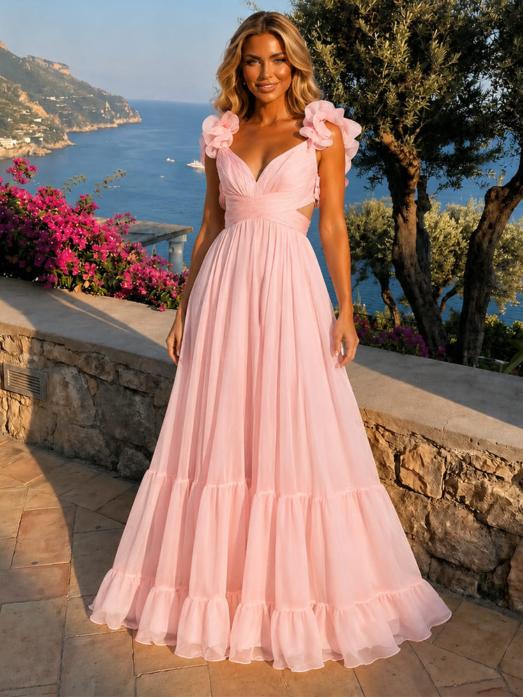 Chiffon Tiered Ruffled A-Line V Neck Formal Dresses with Side Waist Cutout Detail