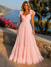 Chiffon Tiered Ruffled A-Line V Neck Formal Dresses with Side Waist Cutout Detail