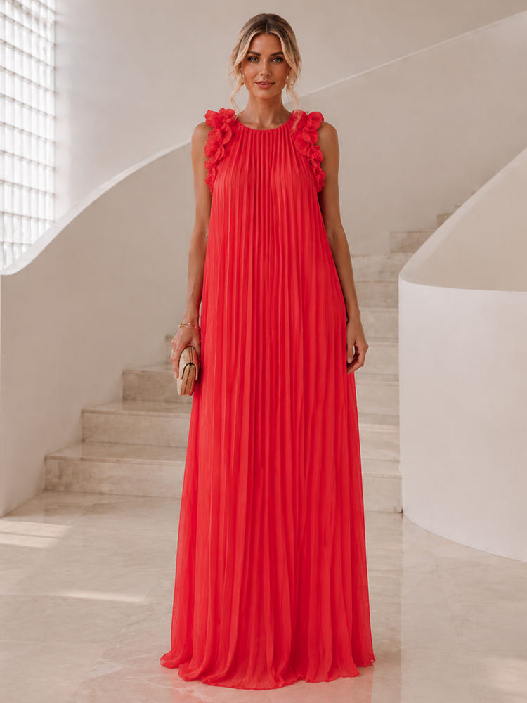 Chiffon A-Line Crew Neck Formal Dresses with Delicate Pleated