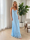 Floral Stretch Lace A-Line Spaghetti Straps Formal Dresses with Side Waist Cutouts
