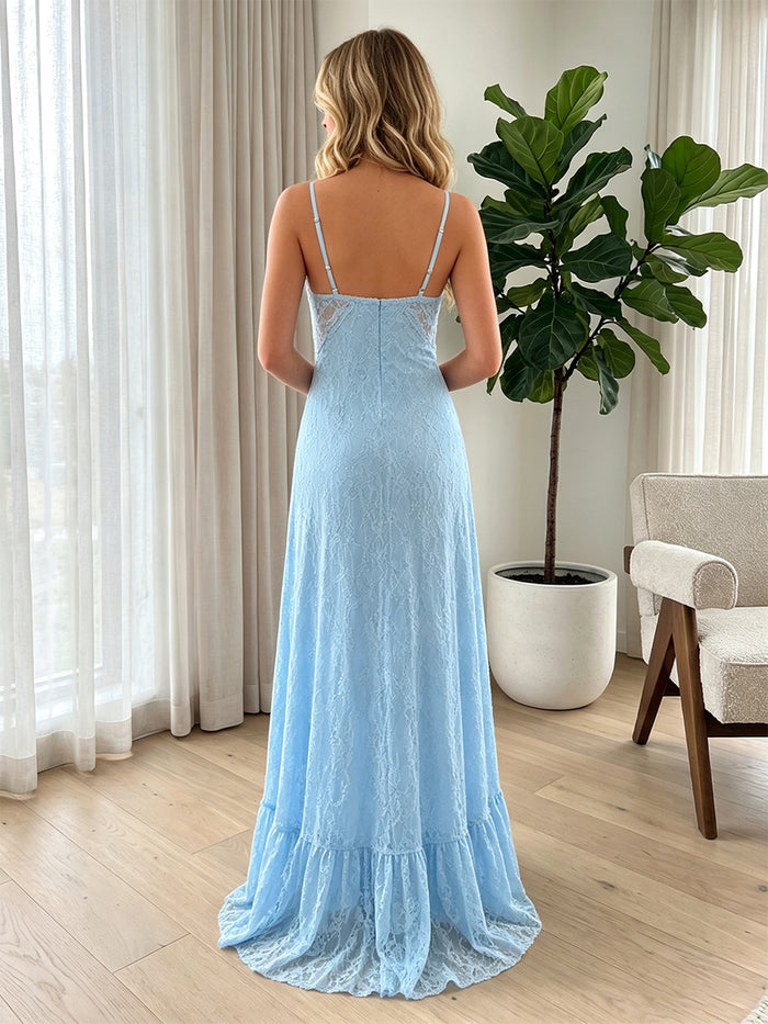 Floral Stretch Lace A-Line Spaghetti Straps Formal Dresses with Side Waist Cutouts