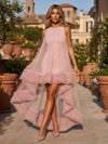 Mesh A-Line Crew Neck Formal Dresses with Multi-Tiered Ruffle Tulle Hem