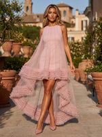 Mesh A-Line Crew Neck Formal Dresses with Multi-Tiered Ruffle Tulle Hem