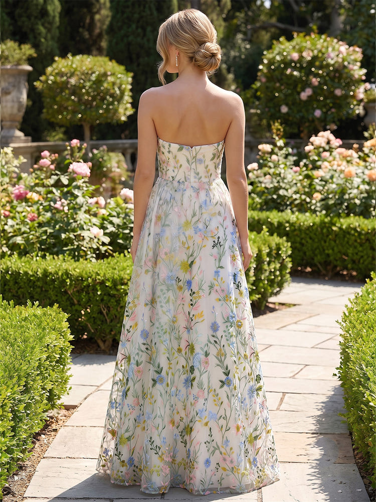 Mesh A-Line Strapless Formal Dresses with Floral Embroidery