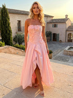 Satin A-Line Strapless Formal Dresses with 3D Flowers