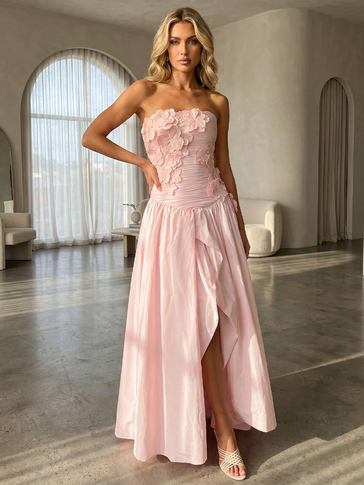 Satin A-Line Strapless Formal Dresses with 3D Flowers