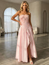 Satin A-Line Strapless Formal Dresses with 3D Flowers