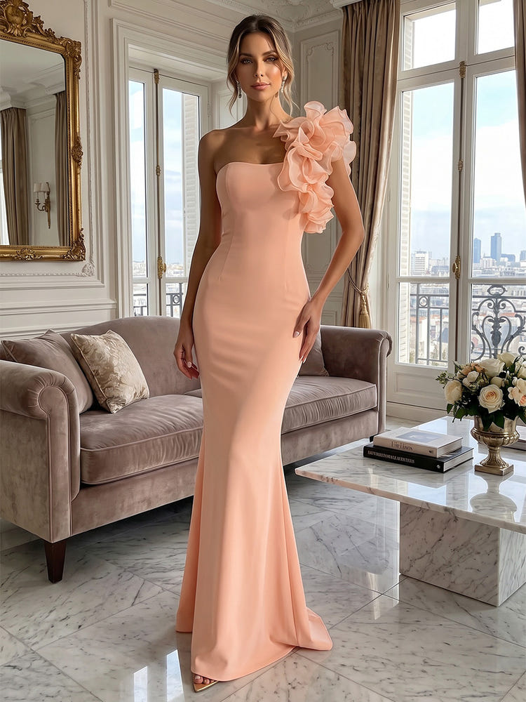 Jersey Mermaid One Shoulder Formal Dresses with 3D Flowers
