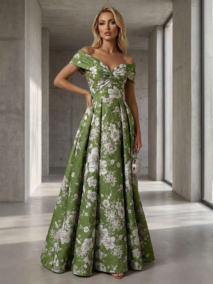 Jacquard A-Line Off Shoulder Formal Dresses with Pleated
