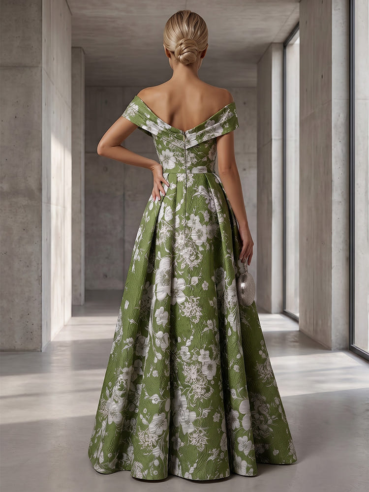 Jacquard A-Line Off Shoulder Formal Dresses with Pleated