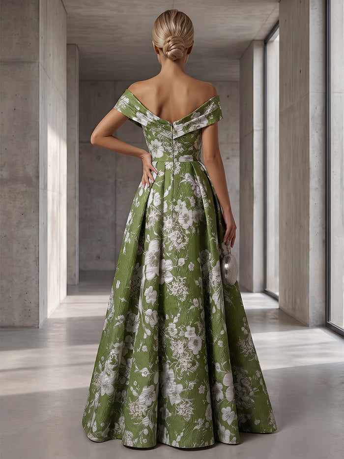 Jacquard A-Line Off Shoulder Formal Dresses with Pleated