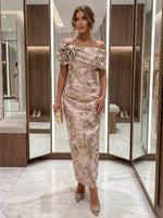 Jacquard Sheath Off Shoulder Formal Dresses with 3D Flowers