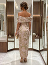 Jacquard Sheath Off Shoulder Formal Dresses with 3D Flowers