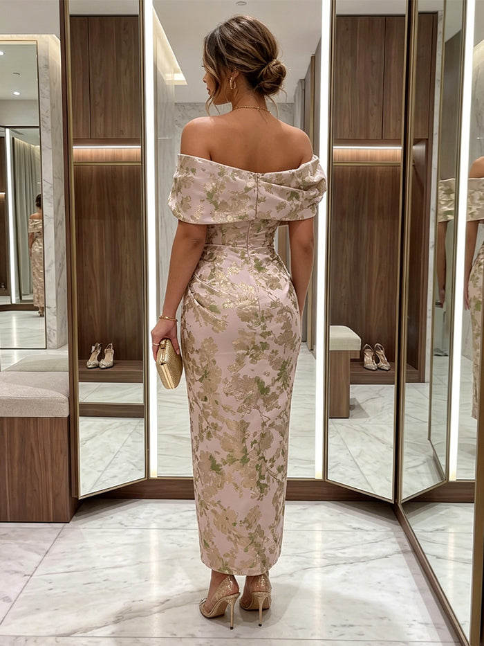 Jacquard Sheath Off Shoulder Formal Dresses with 3D Flowers