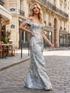Jacquard Mermaid Off Shoulder Formal Dresses with Premium Blue & Gold Floral