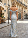 Jacquard Mermaid Off Shoulder Formal Dresses with Premium Blue & Gold Floral