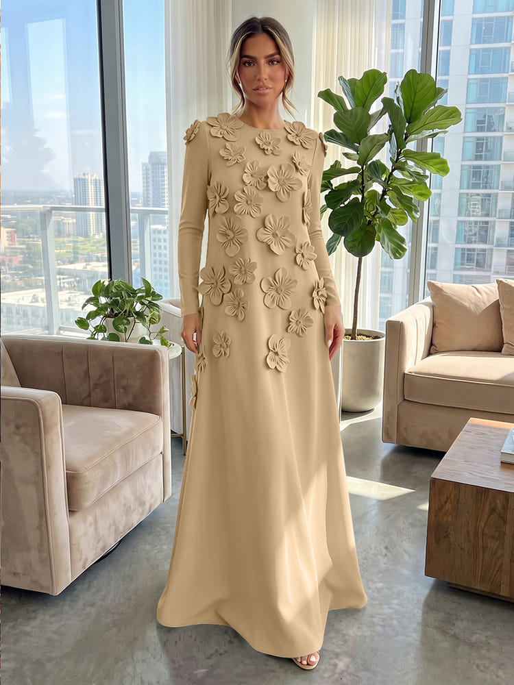 Jersey A-Line Crew Neck Formal Dresses with 3D Flowers