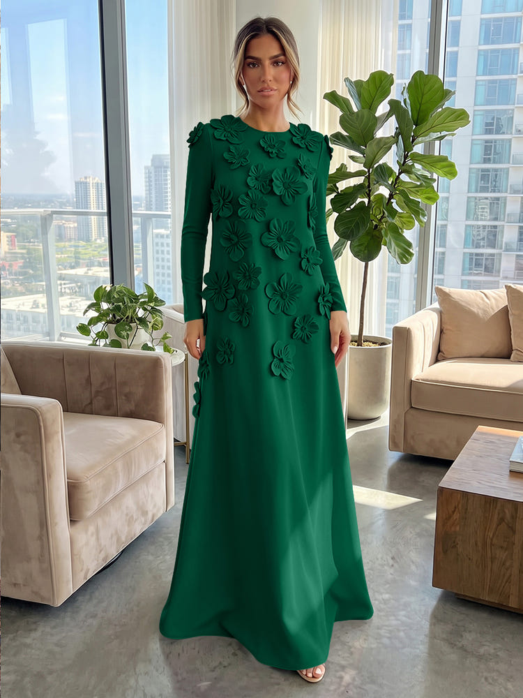 Jersey A-Line Crew Neck Formal Dresses with 3D Flowers