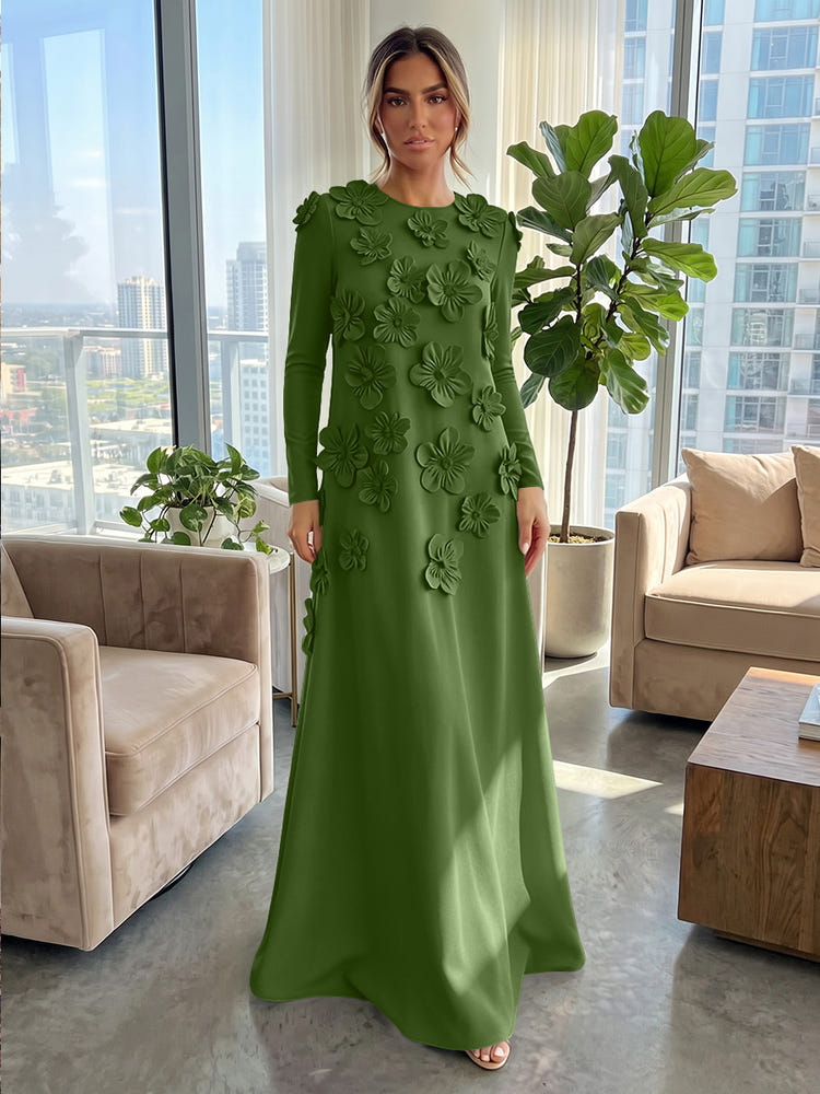 Jersey A-Line Crew Neck Formal Dresses with 3D Flowers