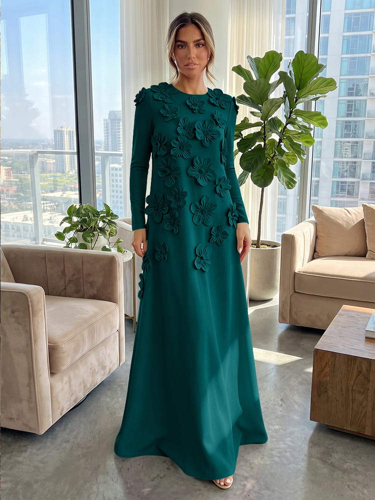 Jersey A-Line Crew Neck Formal Dresses with 3D Flowers