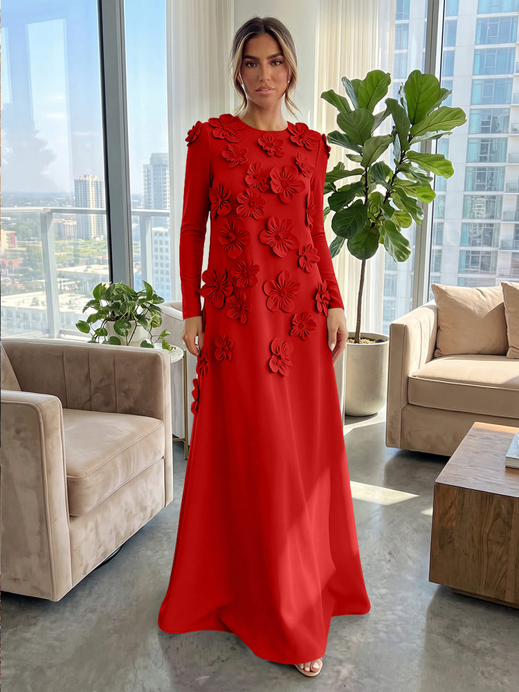 Jersey A-Line Crew Neck Formal Dresses with 3D Flowers