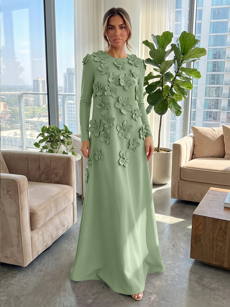 Jersey A-Line Crew Neck Formal Dresses with 3D Flowers