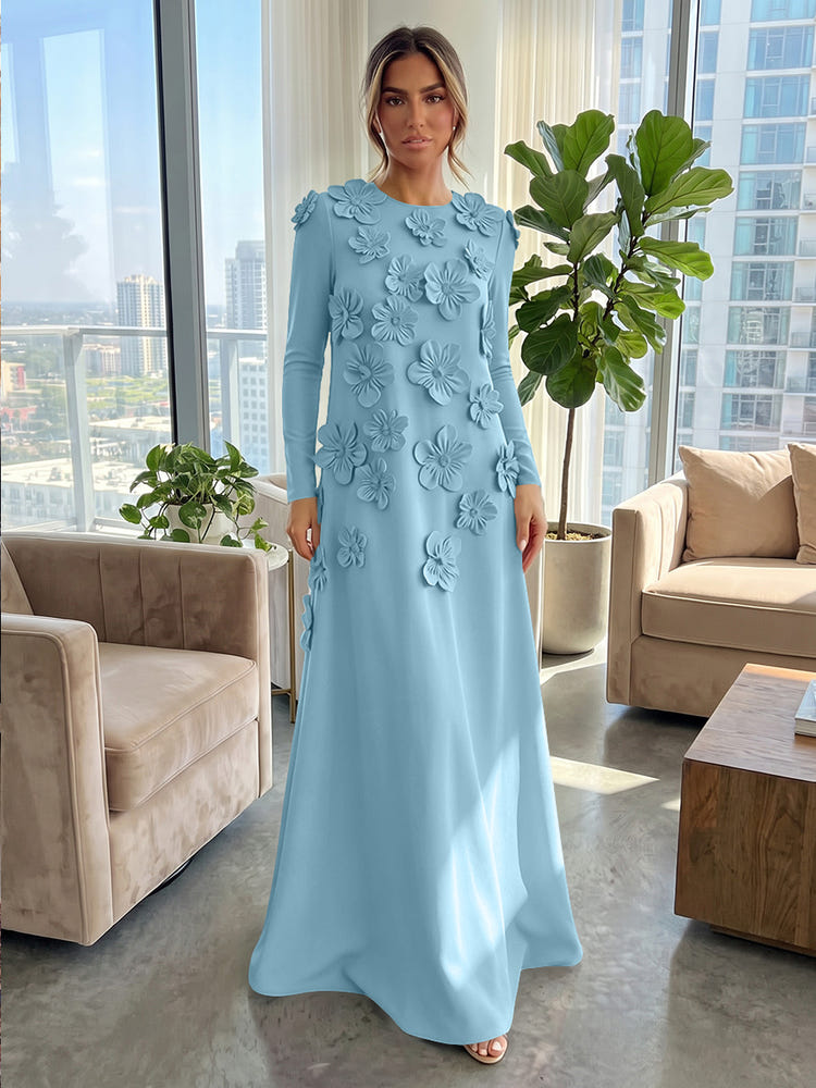Jersey A-Line Crew Neck Formal Dresses with 3D Flowers