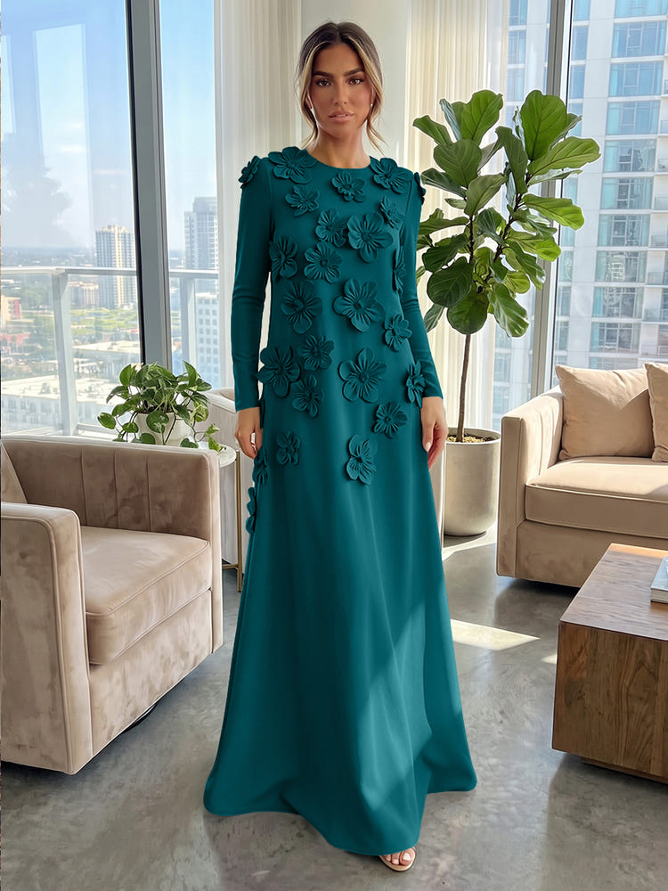 Jersey A-Line Crew Neck Formal Dresses with 3D Flowers