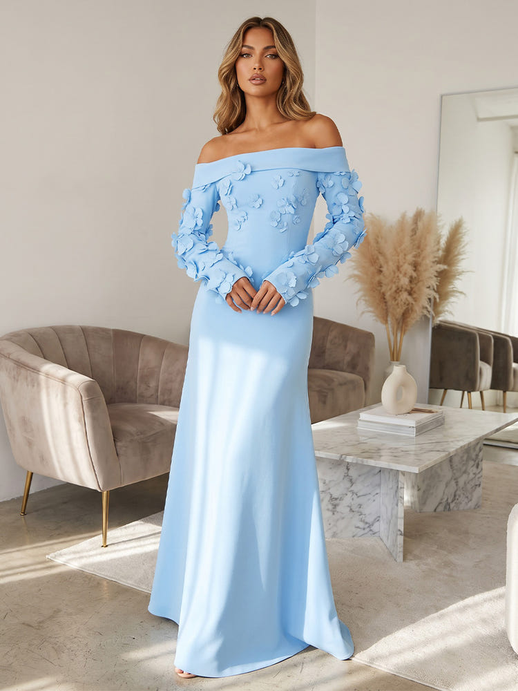 Jersey A-Line Off Shoulder Formal Dresses with 3D Flowers