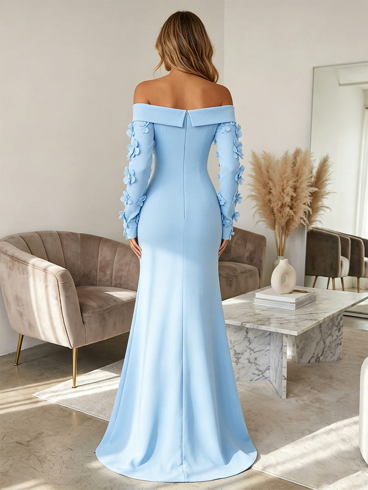 Jersey A-Line Off Shoulder Formal Dresses with 3D Flowers