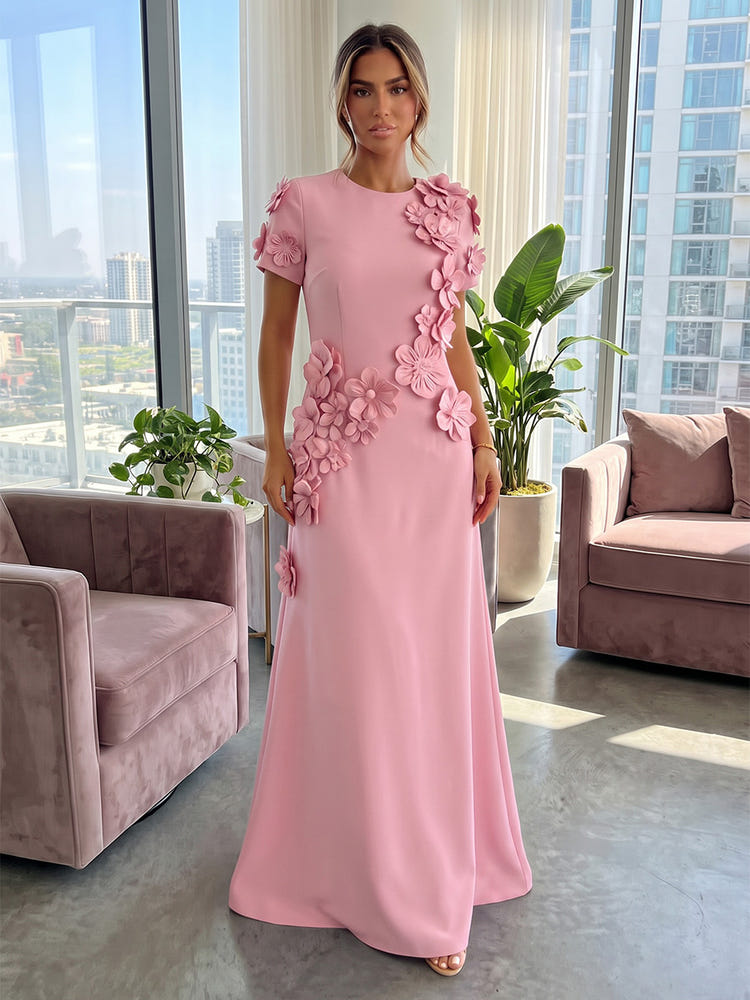 Jersey A-Line Crew Neck Formal Dresses with 3D Flowers