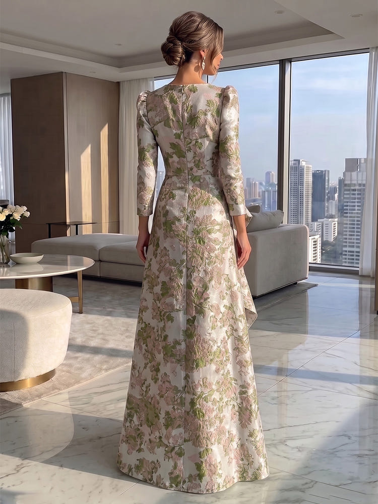 Jacquard A-Line Crew Neck Formal Dresses with Ruffles